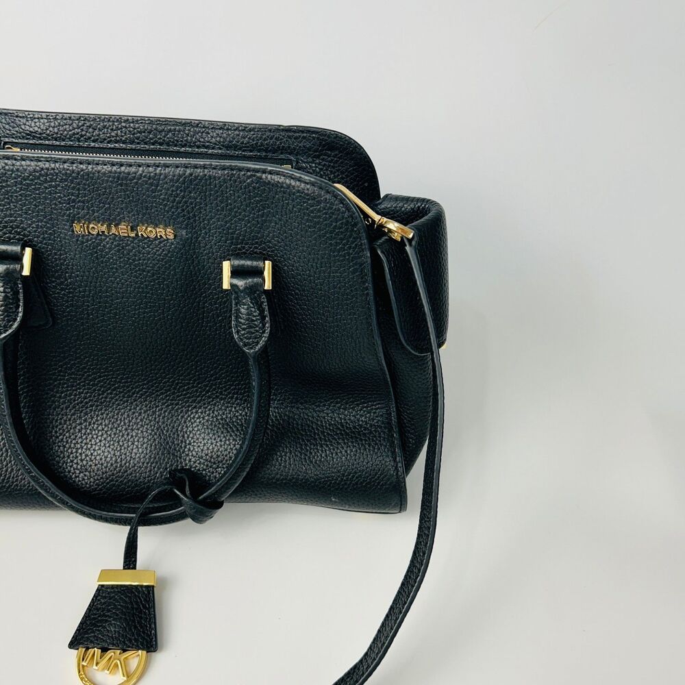 Michael Kors Black Pebbled Leather Handbag Crossbody Satchel Tote Gold Hardware - Picture 5 of 15
